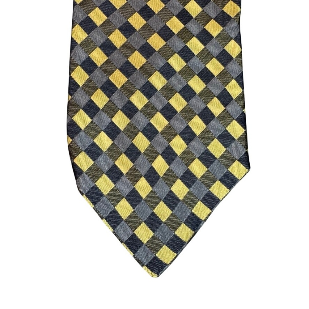 Bachrach Mens Silk Tie Made in Italy Gold Grey Black Checkered Geometric 4 Inch